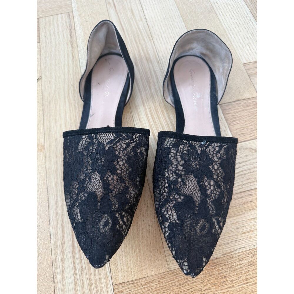 GIANVITO ROSSI - BLACK LACE/SUEDE D'ORSAY FLATS - 38.5